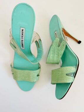 Manolo Blahnik Vintage Y2K Crocodile Clear PVC Stiletto Mules 37.5 Rare
